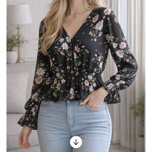 H&M Black Floral V-Neck Peplum Blouse